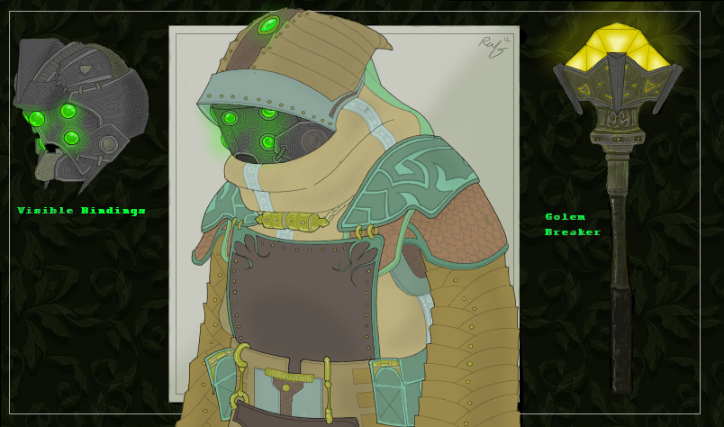 Reference Art for the Visible Bindings, clothing and mace worn by Drone No. 6.