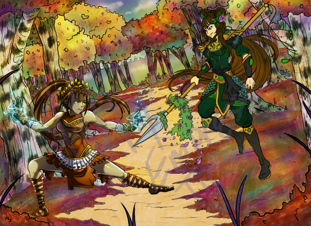 Sallie faces off against Ticao Deta, the Beryl Empress, within the Forest Between Covenants, a divine space between Yggdrasil and Heaven