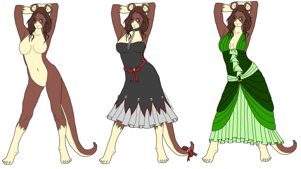 The lovely Audrey Helms and her frequent outfits. L to R: Nakie (Fur-censor'd), her most frequent outfit the Skull Dress, and then her special date outfit! [ Ask for DA Refs used ]