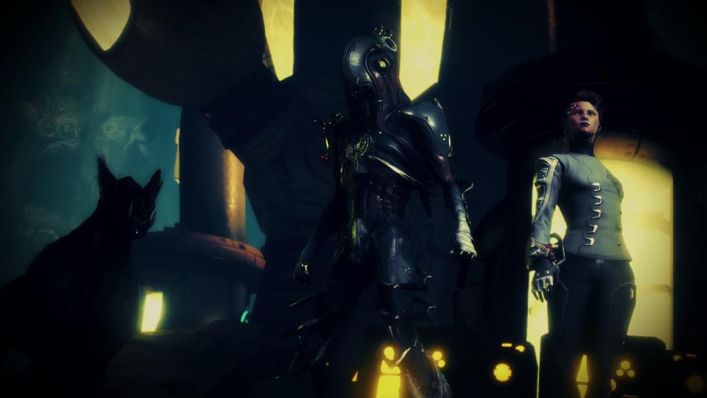 Kahs Kett, his tenno, Rhu'Trel, and his augmented drahk, Dirge