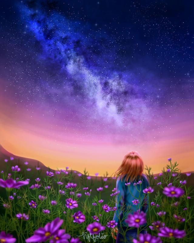 Underneath the stars, among the cosmos flowers, Moscha trying to figure out her existence in this world.