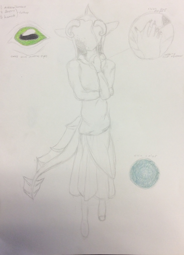 I don't draw faces, but her eye is up the left corner, and the blue circle in the lower right corner is her skin color