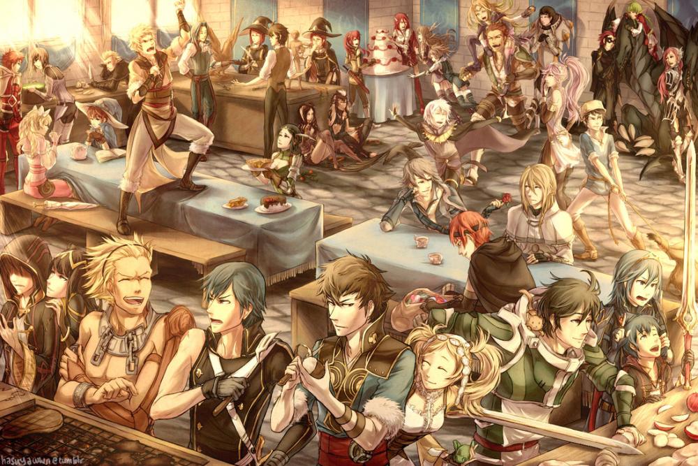 Leo and his fellow guild members in the guild hall enjoying their free time.