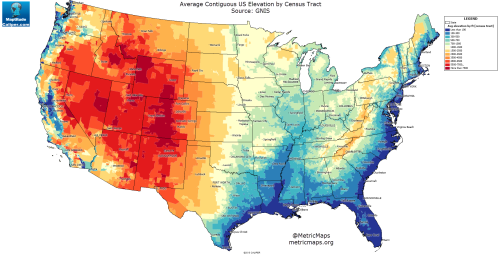 A map of the United States of America with elevation levels.
