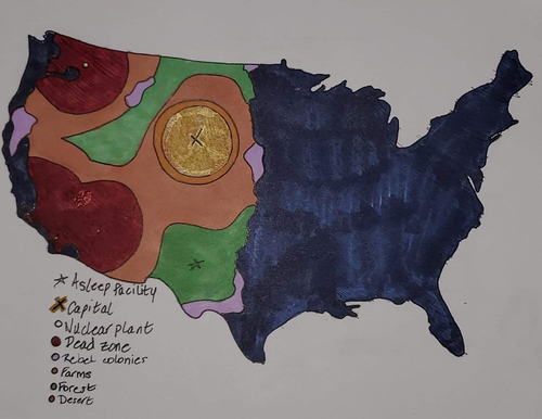 A map of the New World's United States of America after global flooding, made using the elevation levels of the original country.