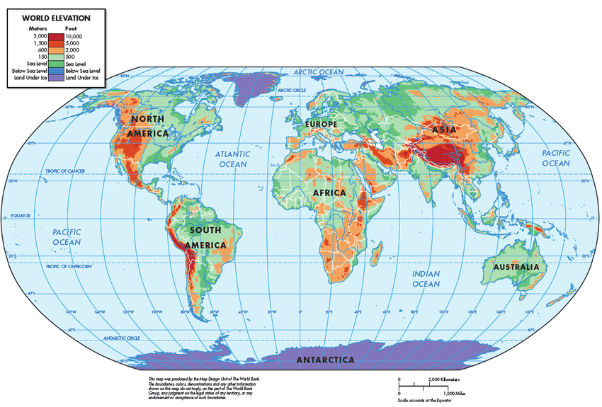 A map of Earth with elevation levels.