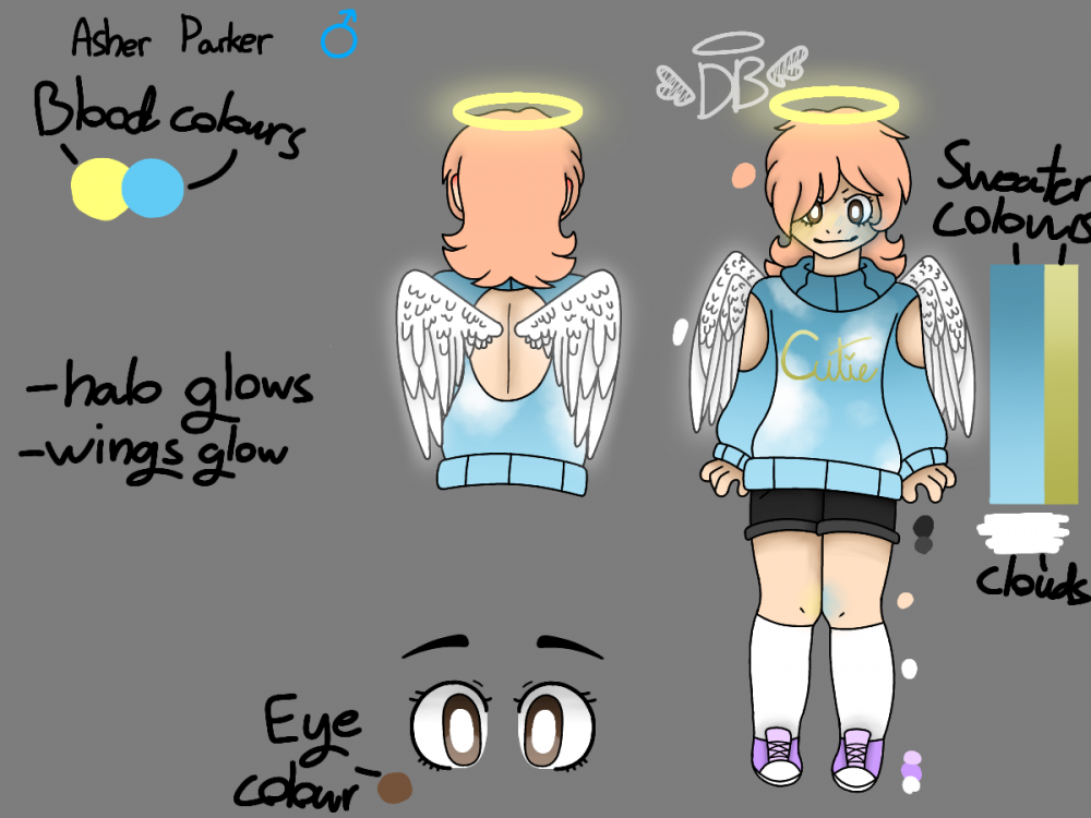 Asher has red tinted blonde hair and brown eyes, he usually wears a sweater that shows his wings with black shorts, knee socks and purple shoes.