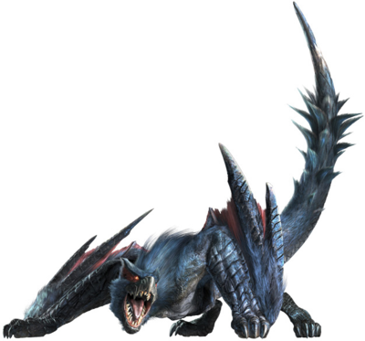 Nargacuga is a quadrupedal wyvern. It's body is low to the ground and covered by a mix of black scales and fur, giving it a panther-like appearance. It's feet have hooked claws, and it's wings are lined with razor-sharp blades.