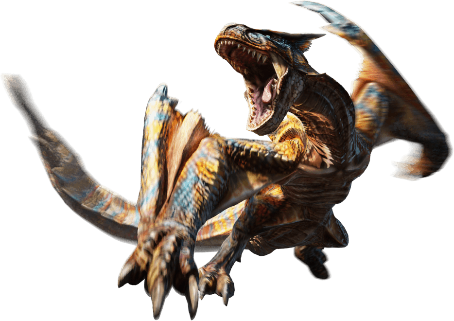 As a quadrupedal wyvern, its wings have evolved into forelegs, which allows it to run at very fast speeds.  Unlike many other monsters, Tigrex does not attack with any elements, it relies on its sheer brute strength and an ear-splitting roar to bring down