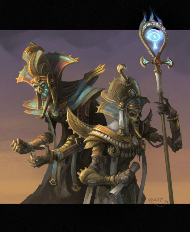 Settra(Left) and his advisor and Hierophant of the Liche Cult Khatep (Right)