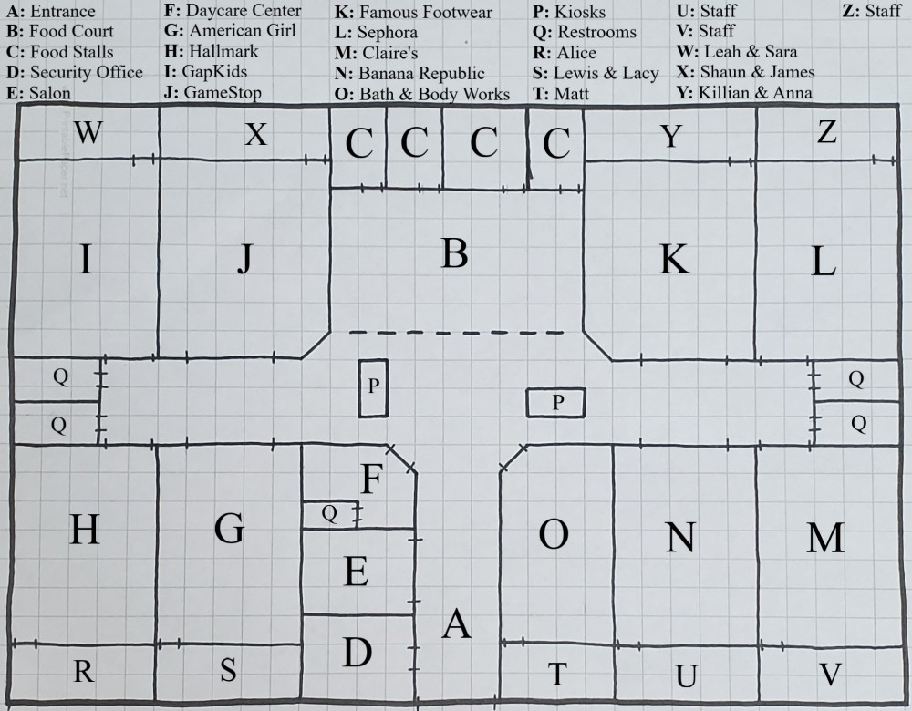 A basic map of the mall, with a key. The stores are listed, as well as the former staff room that serves as each person's bedroom.