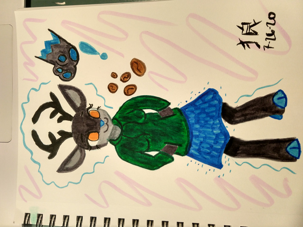 A silly piece done by my woof of Doe and some of her favorite things. (Not sure why it's sideways here)