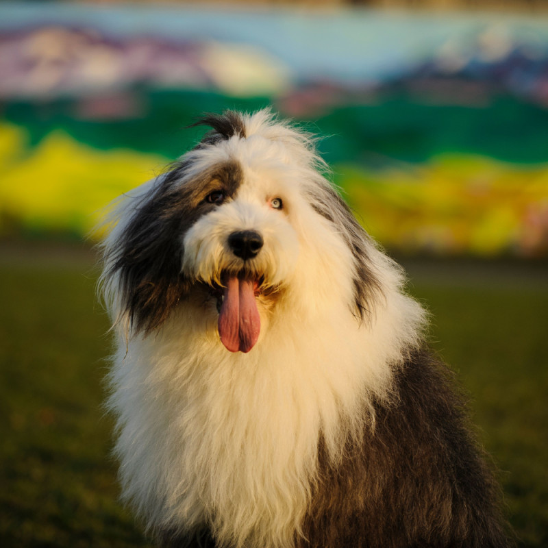 An Olde English sheepdog. Shes exactly 2 years old and won't age anymore. She's immortal thanks to a spell. He bakes her homemade treats that he himself is fond of.