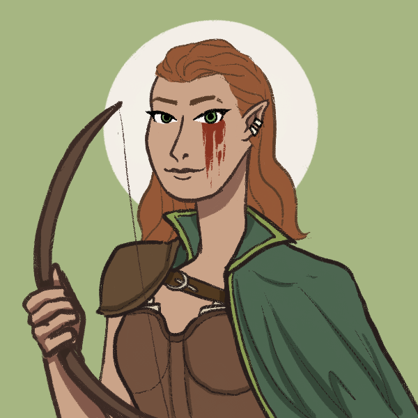 Alt Text: A bust portrait of a feminine-presenting Wood Elf. She has shoulder length brown hair, pointed ears, tanned skin, and a slit in one of her eyebrows. She is wearing war paint over her left eye. She is wearing leather armor and is holding a bow.