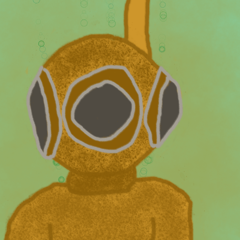 Cartoon of a figure underwater in a deepsea diving suit. Body covered in orange long sleeve thick diving suit. Air hose snakes up above helmeted head. Helmet covers the head with a round window in front and one on either side.