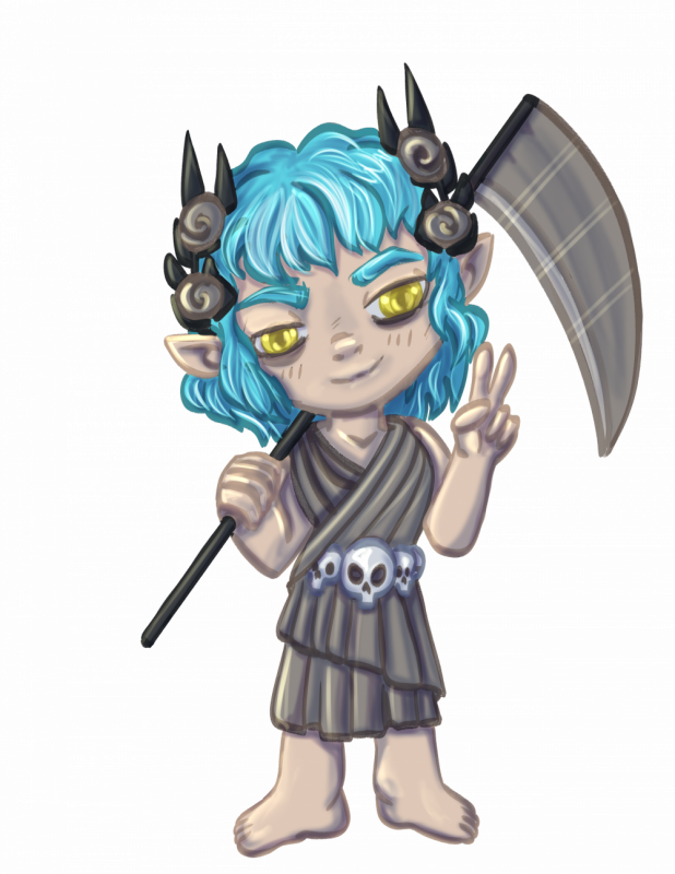 Chibi Mayon with his mother's Scythe