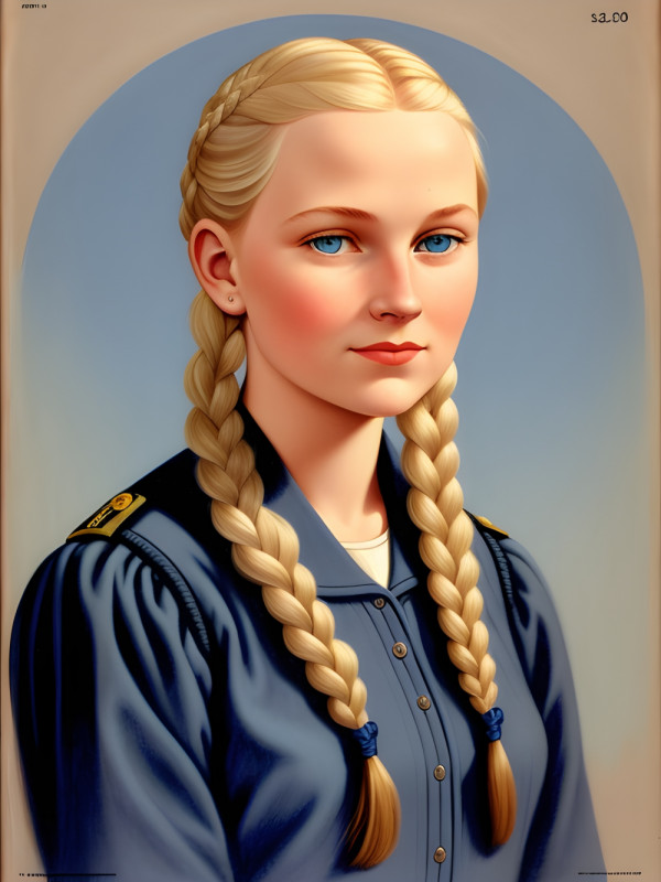 Young adult Alyda featured in U.L.O.G.E propaganda. She is spotting an official U.L.O.G.E uniform and earrings in which she is never seen except for in said propaganda.