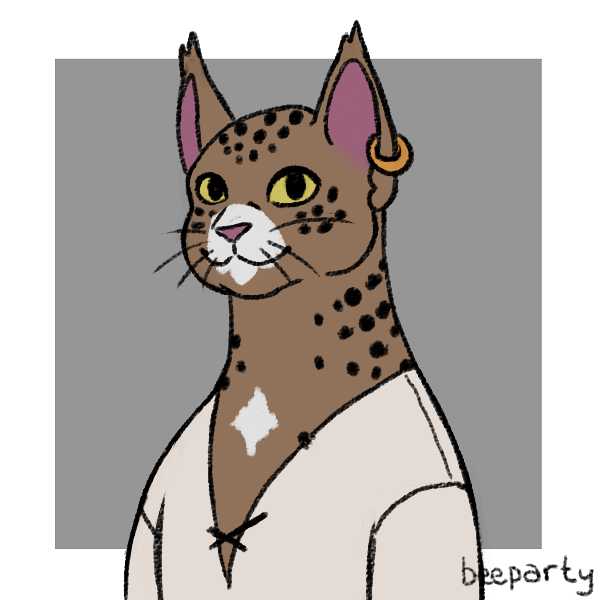 Alt text: A bust portrait of a Tabaxi with light brown fur that has black spots and white patches. They are wearing a tunic and have an earring in their left ear.