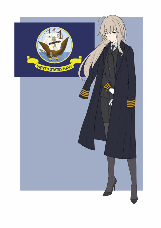 Missouri in her current appearance, wearing the Service Dress Blues of a Captain (USN O6). She is mostly always in this uniform.