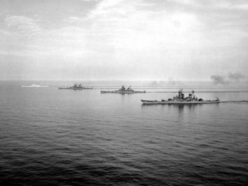 The only occasion that all four Iowa-class battleships sailed Together. Taken in the Virginia Capes, June 7, 1954