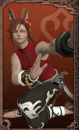 A full body screenshot. Fane poses low while doing a Far Eastern dance. He wears a martial artist's outfit. His eyes look closed and fox-like.