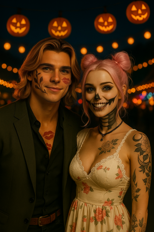 Gand and Charlie light up the night beneath glowing pumpkins — laughter, love, and a touch of mischief in every painted smile.