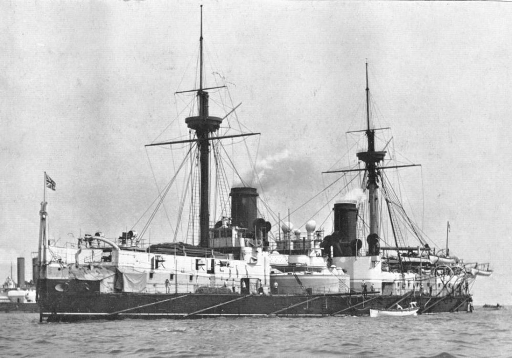 HMS Inflexible with the pole masts fitted in 1885, replacing the original full sailing rig