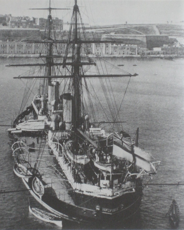 A stern view of the Inflexible in 1896.