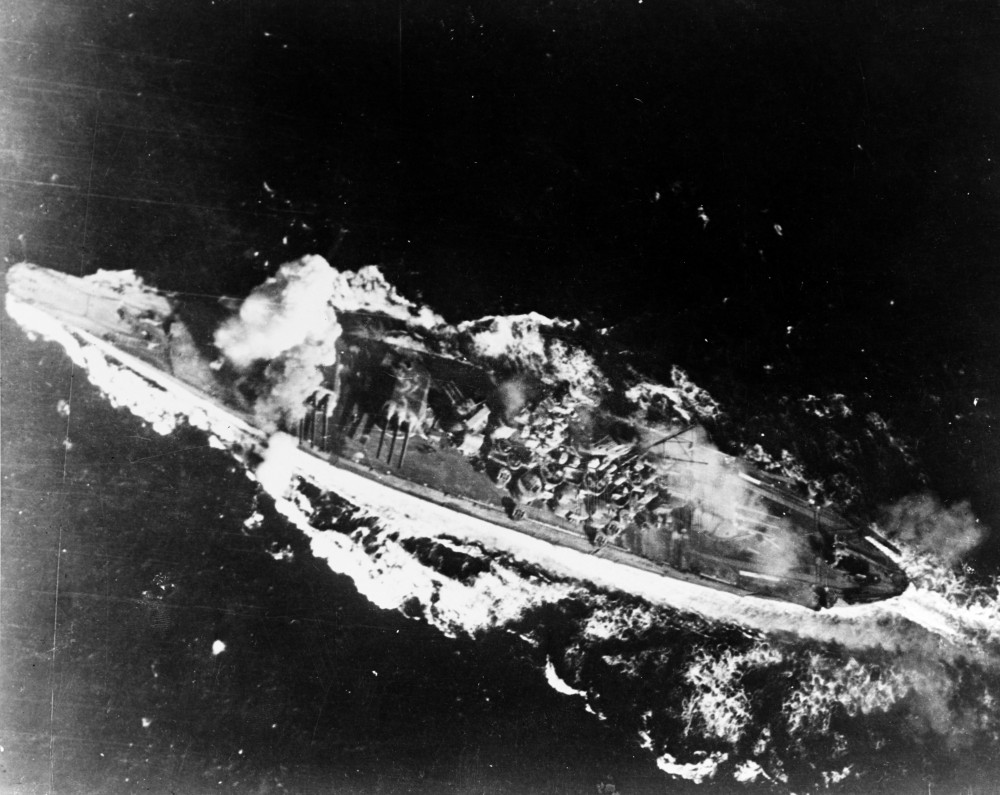 Yamato following a bombing of her foremost forward gun during the Battle of the Shibuyan Sea, on October 24, 1944. The bomb did not damage Yamato seriously.