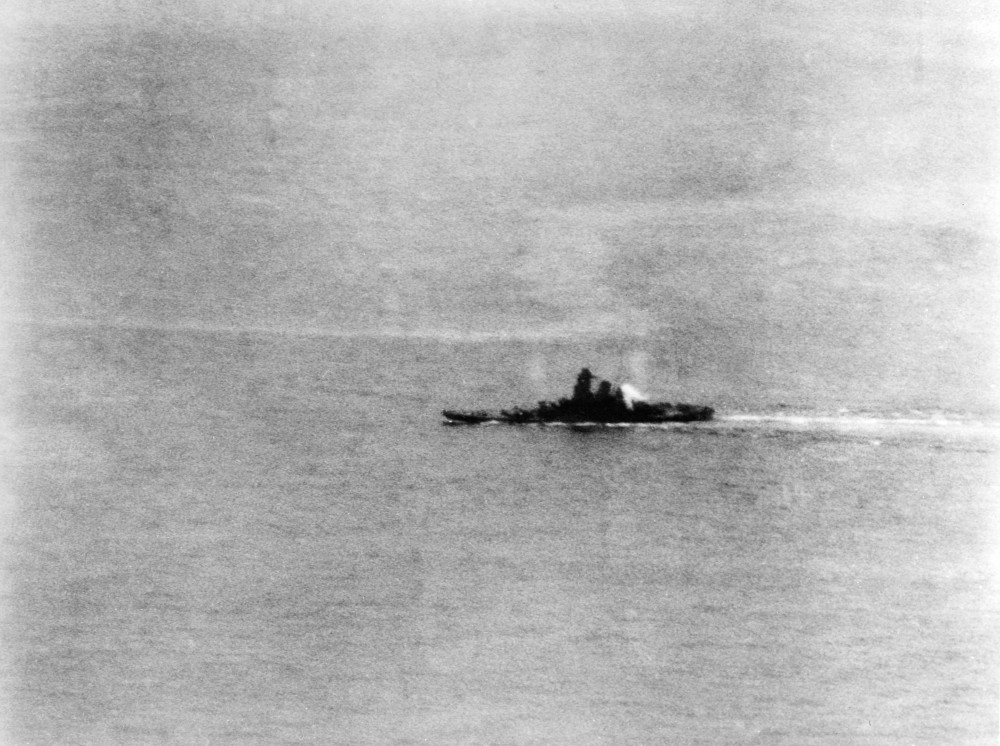 Yamato listing to port and on fire, during Operation Ten-Go, April 7, 1945