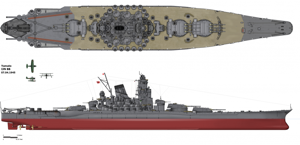 The ship diagram of Yamato as she appeared in 1945.