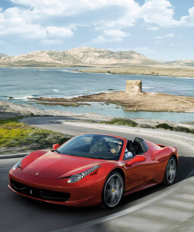 A Red 2013 Ferrari 458 Spider. Custom modded with a Twin-Turbo kit to reach top speeds of ~220 MPH. While she doesn't often drive fast in most situations, it's a comfort to know she could probably get away from... unsavoury situations if it was needed.