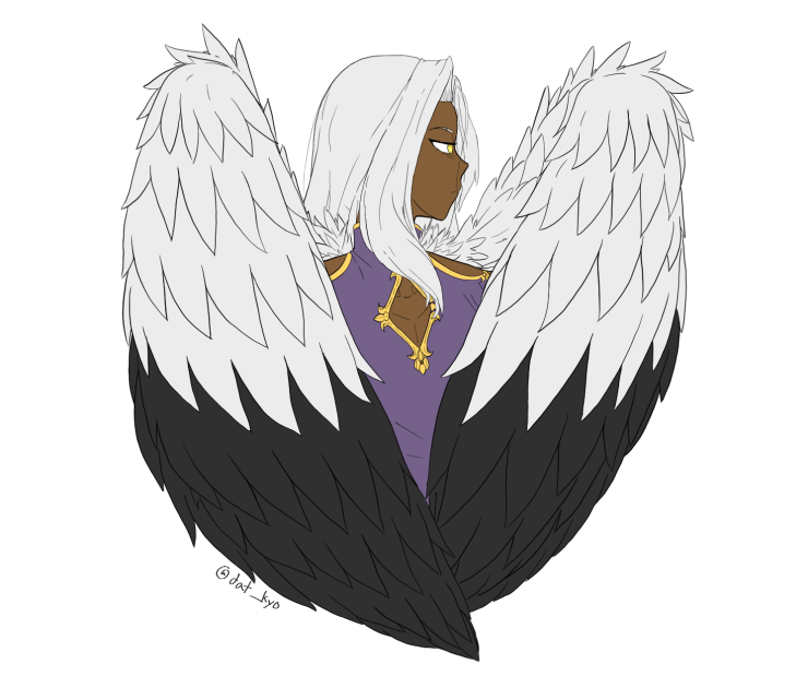 A waist-up flat-color drawing of Clydwyn on a white background. He makes a sullen face while looking to his left. His wings look like a king vulture's and are folded over his lower torso. He wears a regal purple tunic with rich gold accents.