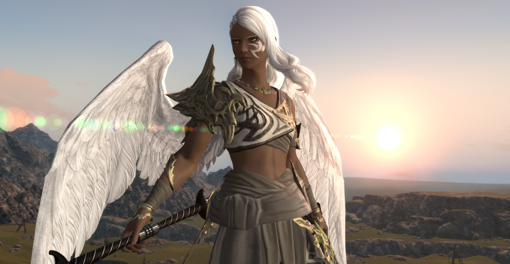 A screenshot of Clydwyn in Final Fantasy 14. He is standing in front of a sunrise while the wind blows his hair. There is a colorful solar glare around him. He holds out a double-bladed sword and scowls off to the side.
