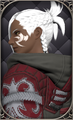 A screenshot portrait of Clydwyn. He calmly looks down and over his shoulder. His hair is tied up and he wears a thick jacket that hides his wings.