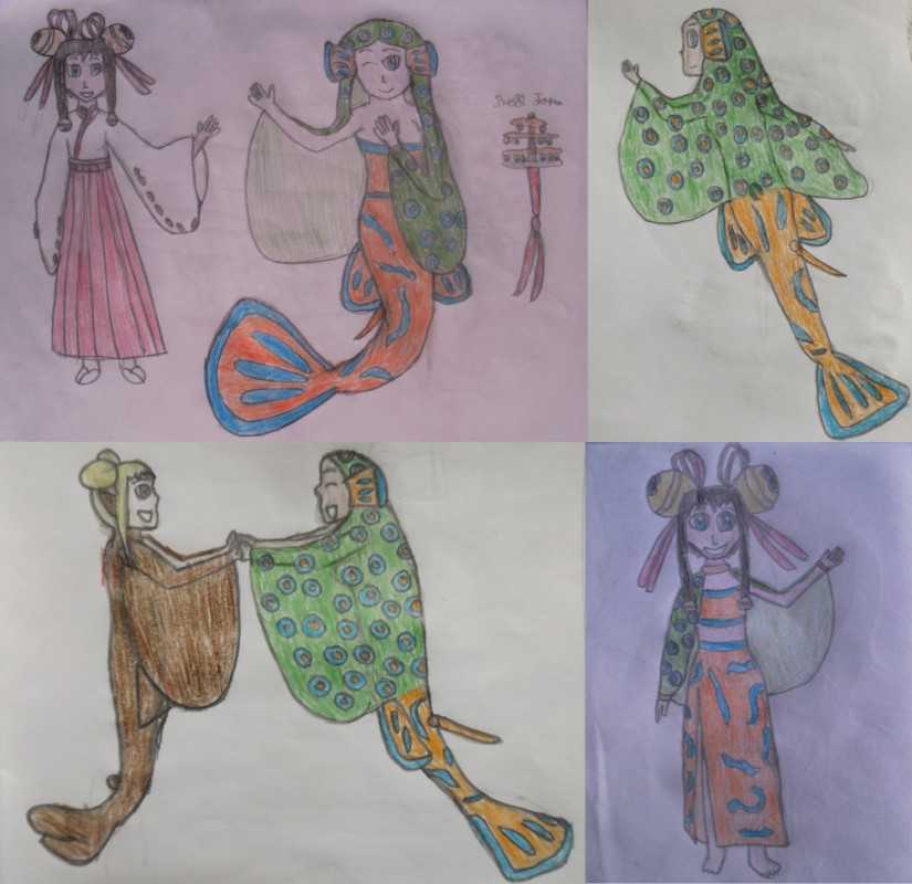 Human, mermaid and bell forms, her mermaid seen from the back, mermaid Sango with Kaminari, and her dancer outfit (bottom right)