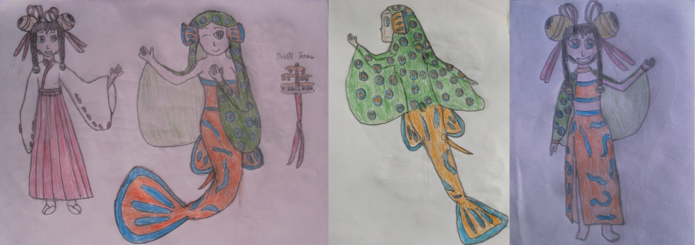 Her human, bell and mermaid forms, also her dancing outfit on the far right.