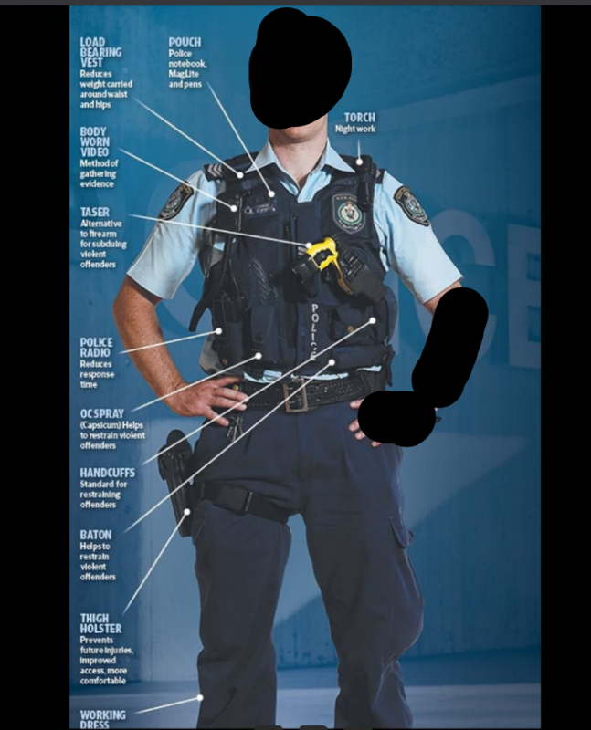 His uniform: the thigh holster has his glock pistol.