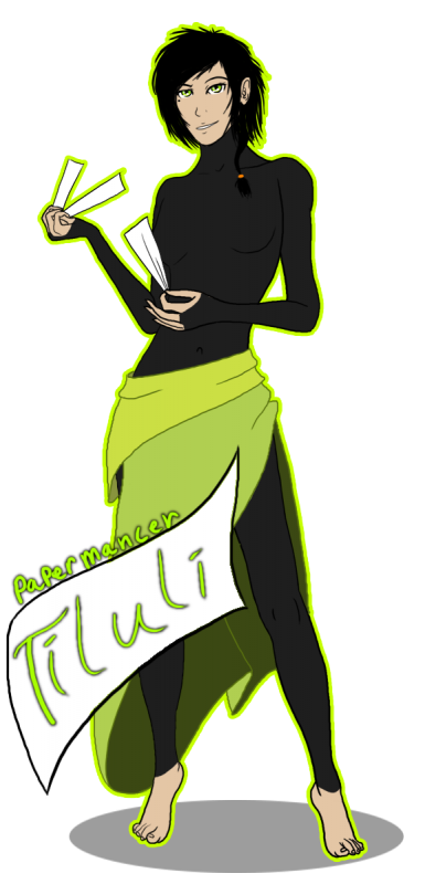 Tiluli! This is Tiluli's typical outfit - A black body-suit comprised of special-made paper, and a spring-green Sarong she's had since childhood.