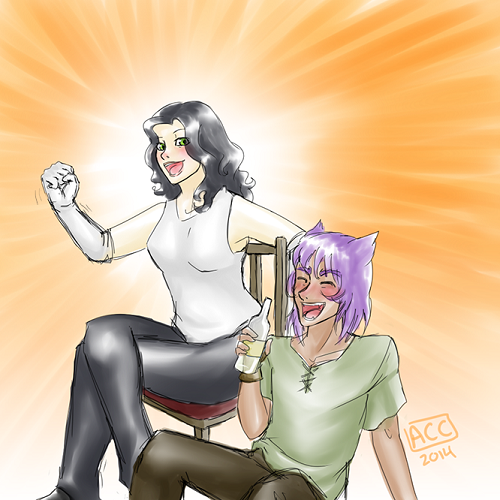 Here we have Brynn and her former assistant in her old butcher shop, Tatsube, having some drinks at night at the end of a long day. HUGE shout out to Tatsube's player for drawing this! :D