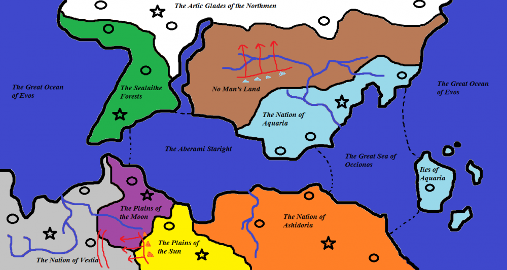 So far, this is the first map of Evos. In it, star represent capitals, circles large cities, double red lines are defense lines in a war, and a single line with arrows are attacking lines in war.