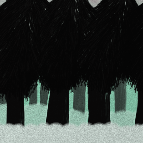 Black scribbly drawing of trees(the tops can't be seen) with layers of fog in whites and blues tint the trunks of the trees behind the ones in front.