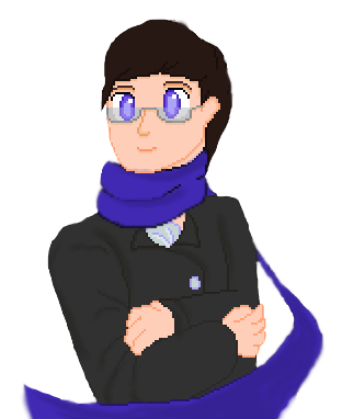 Jacket buttoned up, Scarf flowing calmly, hair is combed, and glasses are on. Calm, kind expression.