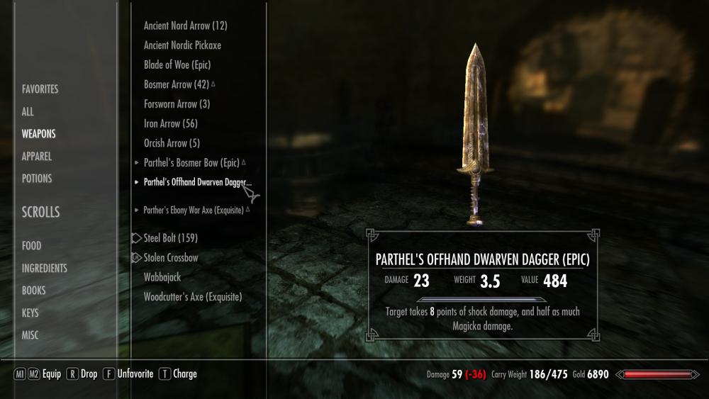 A small, conceivable dagger modelled after Dwarven daggers. Parthel uses this dagger only when he cannot use his bow to save himself.