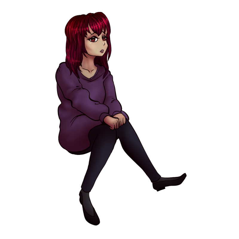 Here Kazzy is in her human form. She's a surprisingly average looking young woman, save for her bright red eyes. Kazzy also has an affinity for neutral colored clothing.