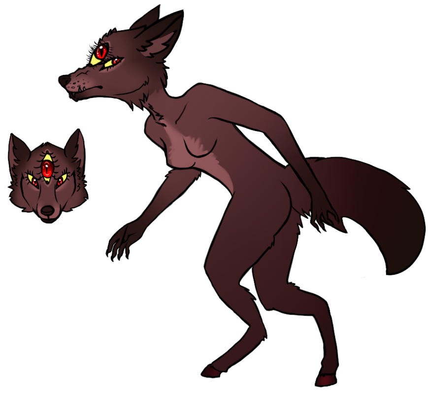 A 3 eyed dog-like demon, with a human torso/body, and horse legs. This form needs to feed on human flesh, hides from sunny areas. She also has an inclination to hoard precious gemstones and benefits from their supernatural powers.