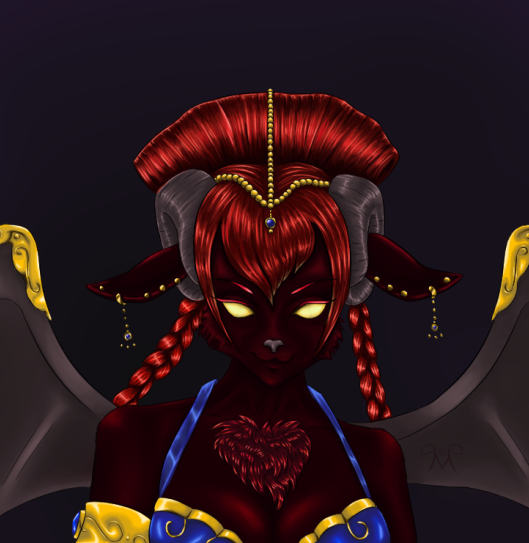 Redo on the colors. Originally I wanted red hair/longer fur, and almost black short fur. This is also what I call her "goddess form," as in her true spirit form. Given I feel that she would still enjoy more luxurious fabrics & styles, I may still draw her