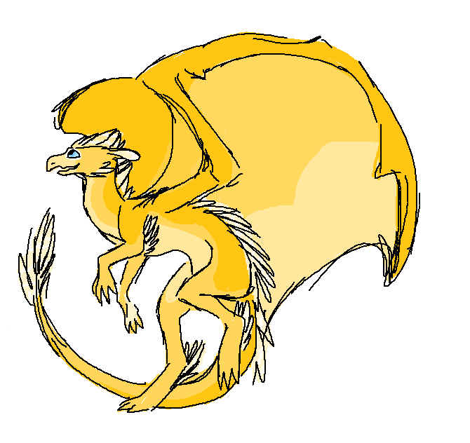 Wattle is a lean dragon with golden yellow scales all over her body. She has a tall crest of yellow feathers at the top of her head, leading down her back and at the end of her long tail, fanning out. She has large, round icey blue eyes and beak-like snou