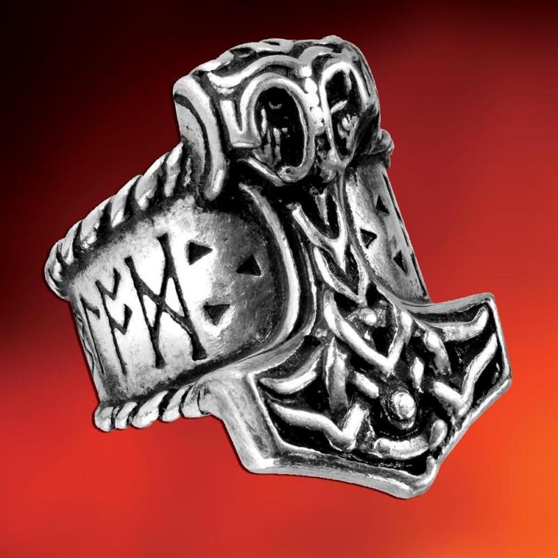 It has the symbol of the viking tribe he's descended from. Its pure silver.