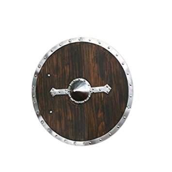 It should be painted with the Swedish flag and have the rune thurisaz on the boss in the middle. Unlike historic viking shields, this ones back is reinforced with metal plating.